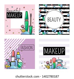 Un conjunto de plantillas para el post en los medios sociales. Perfectos accesorios de maquillaje, cosméticos. Palo de labio, rimel, polvo. Fondo a rayas. Banderas vectoriales