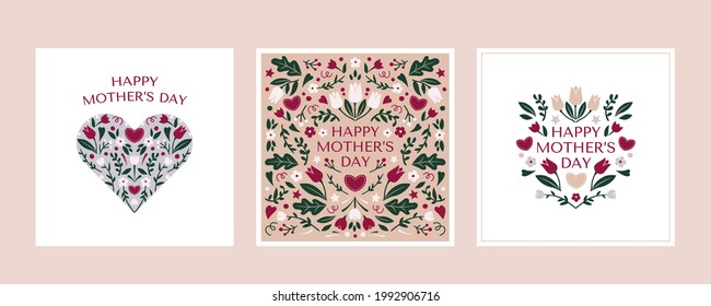 Set of templates for postcards fo mother's day. Women's day. Valentine's day. Vector illustrations, flowers, love, heart