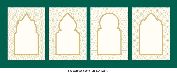 Set of templates for postcards with painting in arabic style. Cards with islamic shapes and golden geometric patterns. Blank leaflet, brochure, flyer, postcard for Ramadan Kareem. Vector graphics