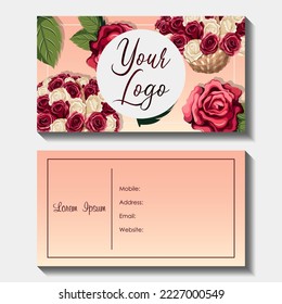 Set of templates postcards for shops, cards, promotion, Valentine's day. Vector illustration of roses, rose baskets, copy-space logo on pink isolated on white.