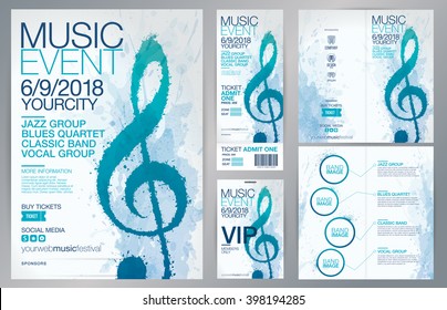 Set of templates with poster, brochure, ticket, program event and VIP. Treble clef illustration with brush strokes and colors. Texture watercolor effect. Vector file with CMYK colors