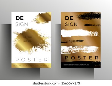 Set of templates for poster, cover, brochure, catalog. Brush strokes with gold. A4 format. Vector 10 EPS.