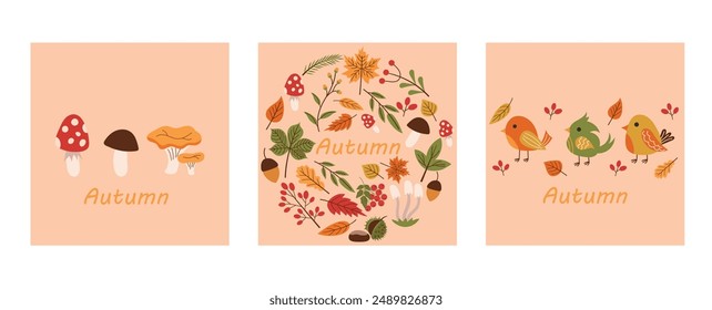 Set of Templates for poster, greeting card, autumn mood. Hello Autumn, autumn Thanksgiving invitation. Colorful card with leaves, mushrooms, cartoon birds. Vector illustration in flat cartoon style