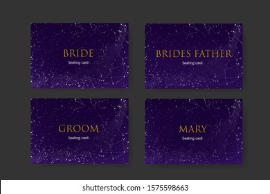 set templates. Poster, invitations, Seating cards. Wedding, decor elements for celebration. Romantic theme of starry sky and universe, inscriptions on background of stars constellations 