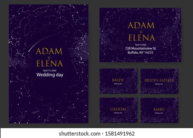 set templates. Poster, invitations, Seating cards. Wedding, decor elements for celebration. Romantic theme of starry sky and universe, inscriptions on background of stars constellations and clouds