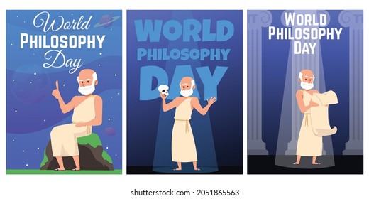 Set of templates for poster on theme of world philosophy day in flat vector illustration. Cartoon male characters ancient Greek philosophers in toga, with beard. Metaphysics, thinking, wisdom, science