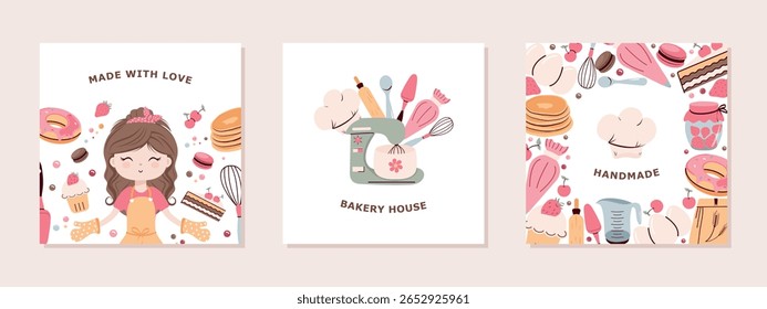 Um conjunto de modelos para cartazes, banners e capas para decoração de pastelarias e padarias. Ilustração vetorial