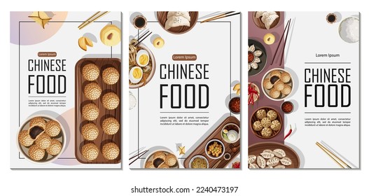 Set of templates posters design for restaurant, banner, card, flyer, menu, brochure. Vector illustration of Chinese food and copy-space on vertical A4 posters.