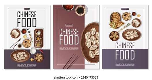 Set of templates posters design for restaurant, banner, card, flyer, menu, brochure. Vector illustration of Chinese food and copy-space on vertical A4 posters.