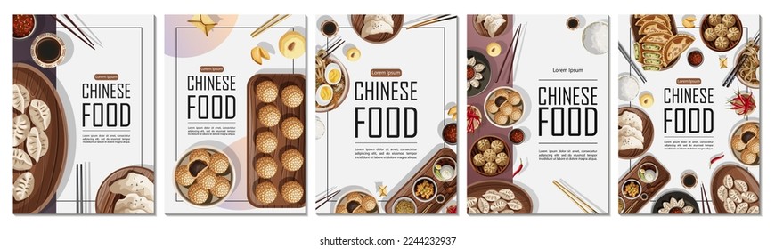 Conjunto de plantillas afiches de diseño para restaurante, banner, tarjeta, volante, menú, folleto. Ilustración vectorial de la comida china y espacio de copia en afiches verticales A4.