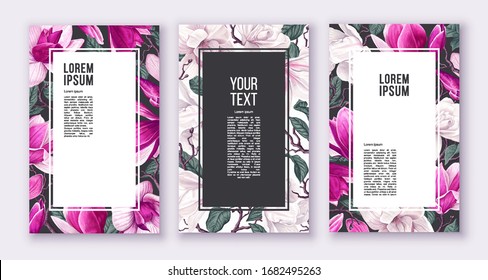 Set of templates for posters, discount banners, invitation and greeting cards. Templates for social networks, posts and stories with spring flowers, leaves and petals of pink and white magnolia.