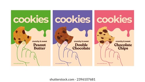 Set of templates posters with illustrated cartoon hands holding cookies. Good for bakeries, cafe, shops, banners, flyers, confectioners. Vector illustration of 3 A4 vertical posters