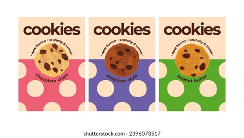 Un conjunto de posters de plantillas con galletas ilustradas para panaderías, cafés, tiendas, pancartas, volantes, confitería. Ilustración vectorial de 3 carteles verticales A4