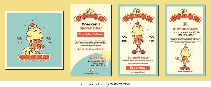 A set of templates for posts, stories, and covers for social networks. Messages about discounts and special offers for ice cream parlors. Cartoon character, mascot ice cream in retro style. Vector.