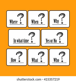 The set of templates, quotes, questions - In what time, where, when, why, yes or no, how, what, who with the question mark (black, white, orange). Drawing by hand - Stock Vector