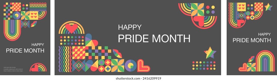 Set of templates with rainbow colors of pride month.June. Geometric templates. LGBT Pride Month. Templates for background, banner, postcard, poster.