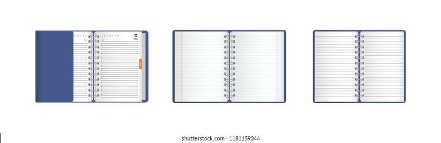Set templates of realistic notebooks, diaries, organizers. Realistic open notebooks, paper diary with fields for filling, calendar with months, alphabetical indexes, bookmark. Vector illustration.