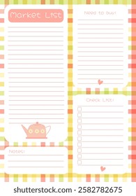 a set of templates for recording shopping lists and notes on a delicate checkered background