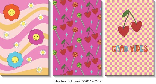 Set of templates in retro style. Flowers and sweets on bright backgrounds. For packaging, social networks and web pages, children's parties and gender parties.Set of templates for design in retro
