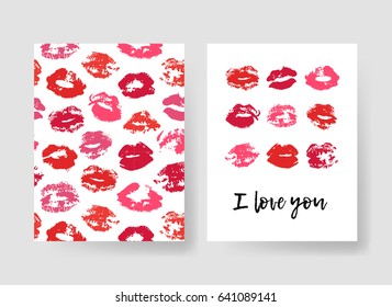 Set of templates for romantic cards. Hand drawn fashion illustration lipstick kiss. Female vector patterns brochures with lips. Actual artistic design blank