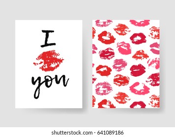 Set of templates for romantic cards. Hand drawn fashion illustration lipstick kiss. Female vector patterns brochures with lips. Actual artistic design blank