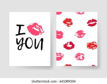 Set of templates for romantic cards. Hand drawn fashion illustration lipstick kiss. Female vector patterns brochures with lips. Actual artistic design blank