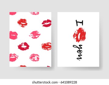Set of templates for romantic cards. Hand drawn fashion illustration lipstick kiss. Female vector patterns brochures with lips. Actual artistic design blank