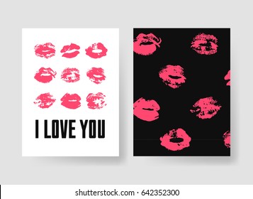 Set of templates for romantic cards. Hand drawn fashion illustration lipstick kiss. Female vector patterns brochures with lips. Actual artistic Valentines Day design 