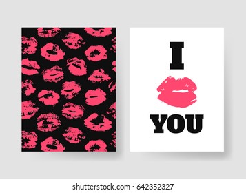 Set of templates for romantic cards. Hand drawn fashion illustration lipstick kiss. Female vector patterns brochures with lips. Actual artistic Valentines Day design 