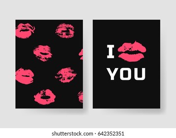 Set of templates for romantic cards. Hand drawn fashion illustration lipstick kiss. Female vector patterns brochures with lips. Actual artistic Valentines Day design 