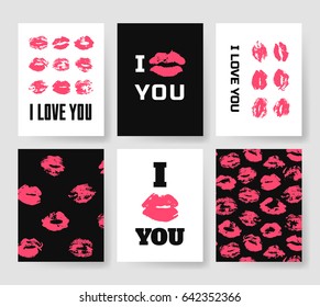 Set of templates for romantic cards. Hand drawn fashion illustration lipstick kiss. Female vector patterns brochures with lips. Actual artistic Valentines Day design 