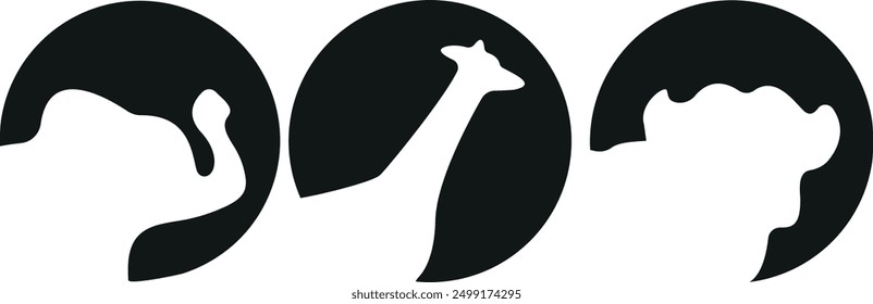 set of templates of round stickers with animals, namely with the shadow of a giraffe and elephant vector