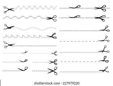 Set of templates with scissors cutting paper along dotted, zigzag or wavy lines, for any product design