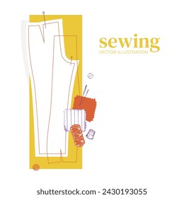 A set of templates for sewing trousers. Sewing pattern. Selection of fabrics and materials for a clothing collection. Courses: Cutting and sewing. Vector illustration for background design, banner