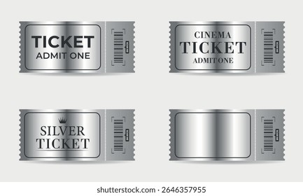 Set of templates of silver tickets to cinema, theater, concert, circus with barcode. Isolated vector ticket on gray background