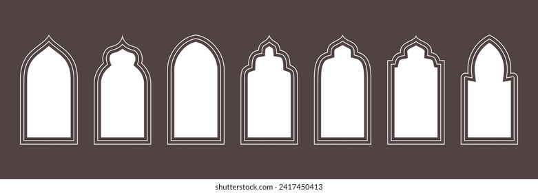 A set of templates for simple frames and windows, arch, mosque doors, mosque domes. In an oriental, traditional Arabic style. Vector illustration for design