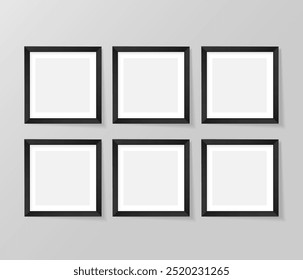 Conjunto de molduras de seis quadros pretos na parede. Montagem de vetor com quadros quadrados.