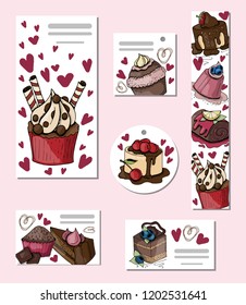 Set of templates with sketches of desserts, baking sweets - greeting card, invitation, bookmark, business card, banner, flyer, images on a white background, vector illustration