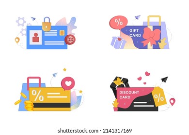 Conjunto de plantillas para tarjeta de identificación inteligente, programa de fidelización, tarjeta de descuento, vale, tarjeta de regalo, cupón, puntos de ganancia, concepto de certificado de regalo. Ilustraciones planas vectoriales para venta, bonificación, estrategia de promoción.