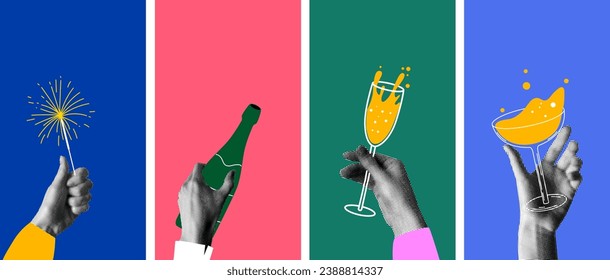 Set of templates for social media with human hands holding drinks, sparklers, bottle of champagne. People celebrate event together. New Year or Christmas party. Modern halftone collage. Newspaper