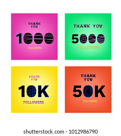 Set of templates for social media post. Followers thank you phrases on bright background. Funky memphis modern lettering style. Banner for blog. Vector illustration.