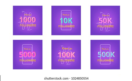Set of templates for social media post. Ultra violet palette colors. Followers thank you banners. Vector illustration.