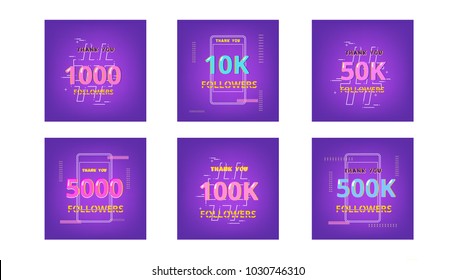 Set of templates for social media post. Ultra violet palette colors. Followers thank you banners. Vector illustration.