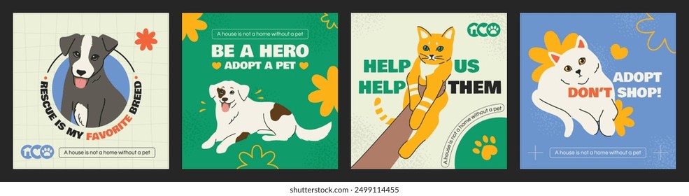 A set of templates for social media post about dog and cat adoption. Adopt, dont shop. Cute hand-drawn cats and dogs in bright retro colors. Rescue is my favorite breed. Adoption slogans for pets.