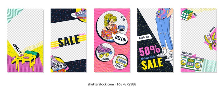 A set of templates for social media posts in pop art style with 80s and 90s fashion elements, cartoon vector illustration. Blog backgrounds with placeholder for photo.