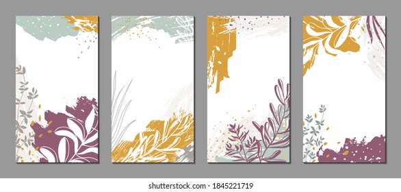 Set of templates for social media posts, stories, banners, covers, greeting cards, branding design. Abstract floral vector backgrounds with organic shapes, plants. Modern illustrations with textures