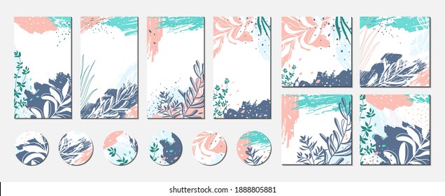 Set of templates for social media posts, stories, banners, branding design. Abstract floral vector backgrounds with organic shapes, plants, leaves. Modern botanical illustrations with paint textures