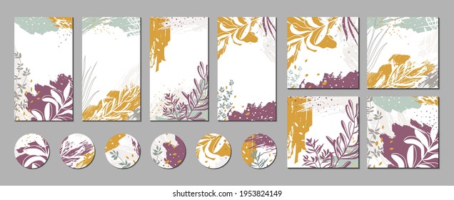 Set of templates for social media posts, stories, banners, branding design. Abstract floral vector backgrounds with organic shapes, plants, leaves. Modern botanical illustrations with paint textures 