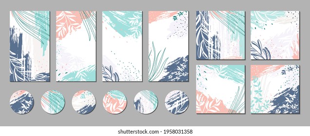 Set of templates for social media posts, stories, banners, branding design. Abstract floral vector backgrounds with organic shapes, plants, leaves. Modern botanical illustrations with paint textures 