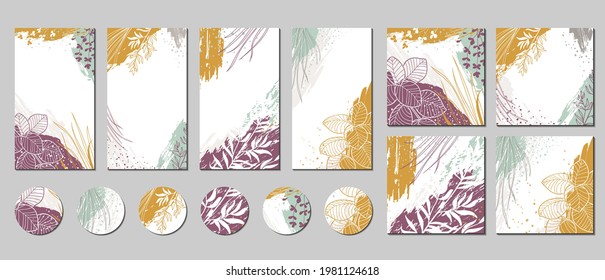 Set of templates for social media posts, stories, banners, branding design. Abstract floral vector backgrounds with organic shapes, plants, leaves. Modern botanical illustrations with paint textures 